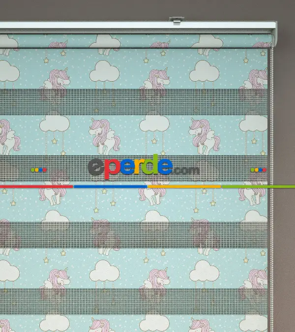 Unicorn Desenli Baskılı Zebra Perde- Çok Renkli
