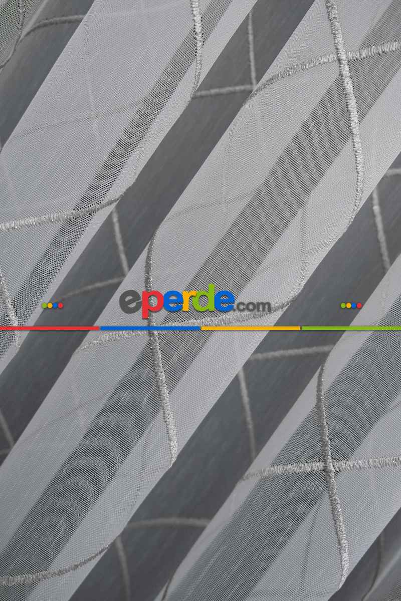 Yatak Odası - Geometik Desenli Tül Perde - Ekru - Gümüş