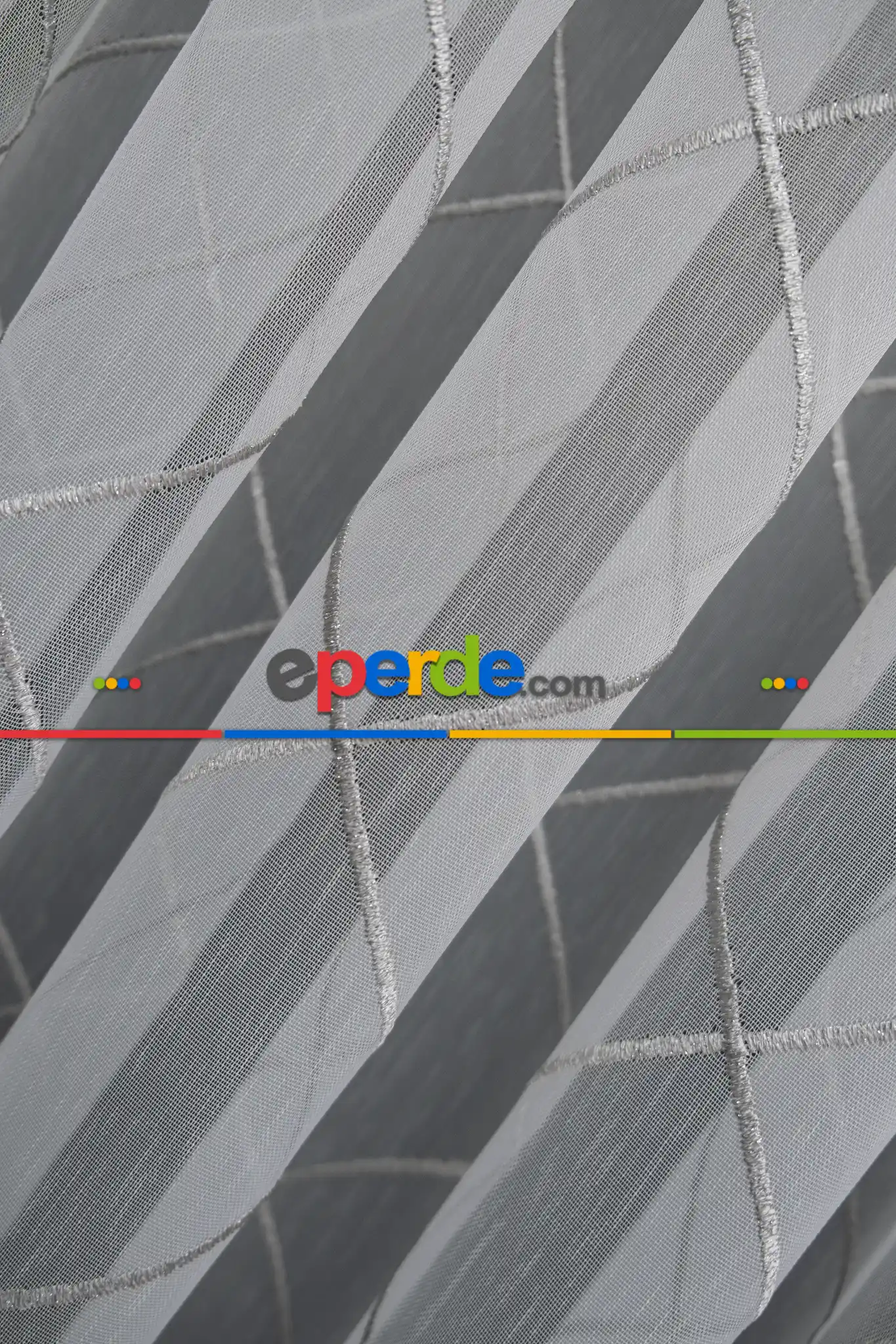 Salon - Geometik Desenli Tül Perde - Ekru - Gümüş