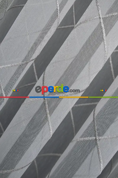 Tül Perde - Geometik Spor Desenli Tül Perde - Baklava Desenli Brode İşlemeli - Ekru Gümüş Gri - Kurşunlu Tül