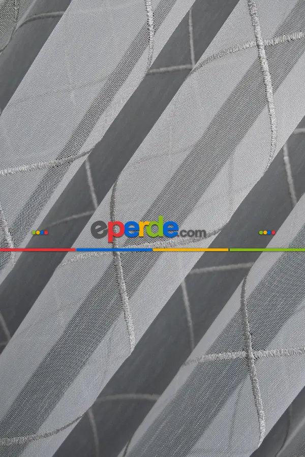 Salon - Geometik Desenli Tül Perde - Ekru - Gümüş