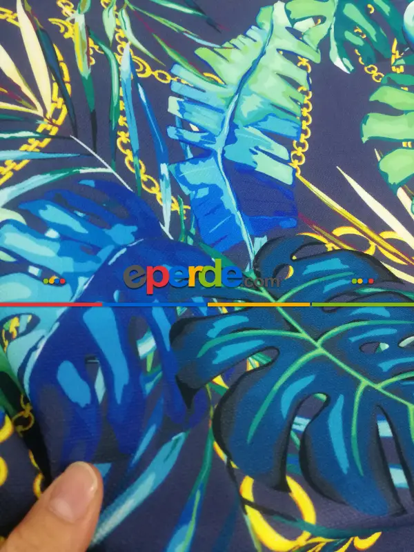 Salon Fon - Tropikal Yaprak Desenli Fon Perde Evm1008-2 Kumaşı Kalındır Duck Bezi Değildir- Yeşil-Sarı-Yeşil Koyu Yeşil-Fıstık Yeşili 