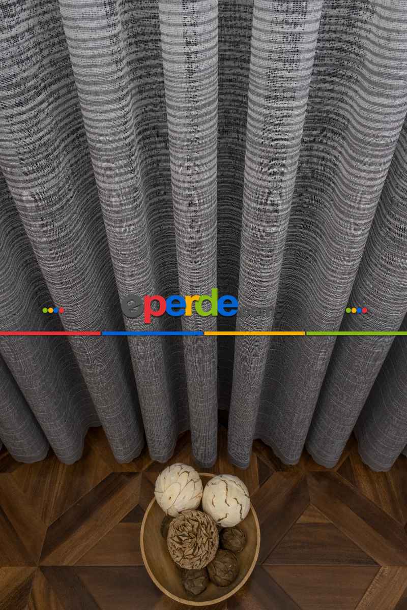 mutfak - Gri Modern Çizgili Örme Tül - Eteği Açık Gri Üstü Ekru Renk ( Degrade Geçişli )