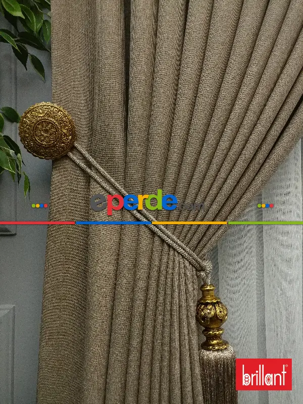 Yatak Odası - Brillant Keten Açık Camel Neskafe Renk Düz Fon Perde - Açık Camel