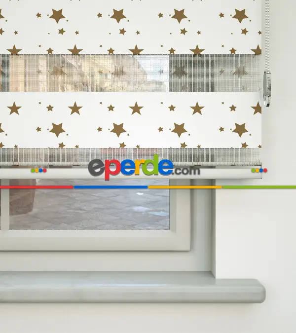 Çocuk Odası - Yıldız Desenli Baskılı Zebra Perde- Çok Renkli