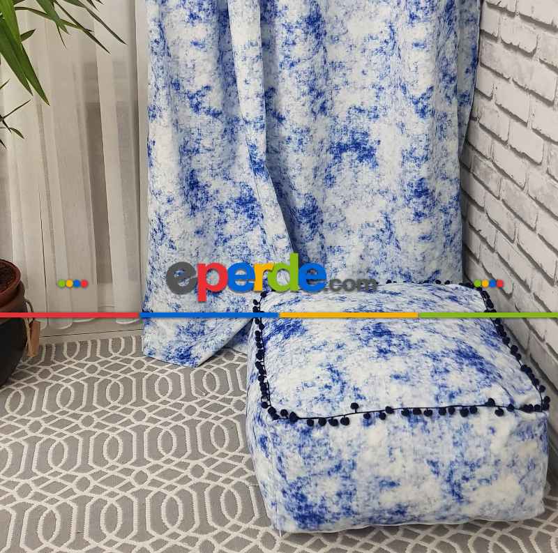 Ikat Desenli Fon Perde Evm1508 Kumaşı Kalındır Duck Bezi Değildir- Mavi