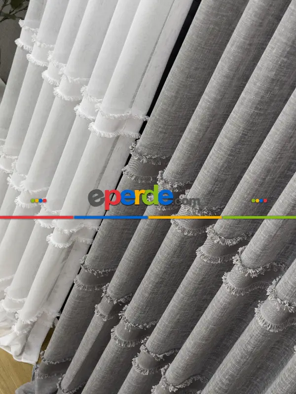 Salon Tül Perde - Yeni Trend Saçaklı Bantlı Keten Tül Perde Ekru Ve Gri Renk Seçenekleri