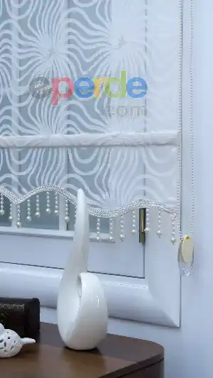 Ekru Desenli Çiftli Sistem Stor Perde- Krem Açık