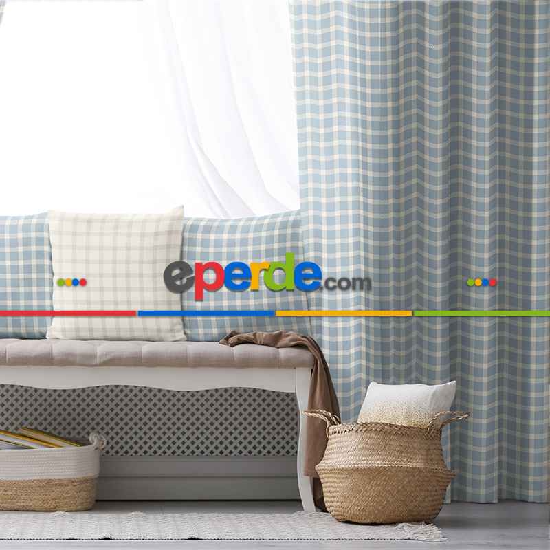 Salon Fon Perde Evim1615-4 Kumaşı Kalındır Duck Bezi Değildir- Mavi-beyaz