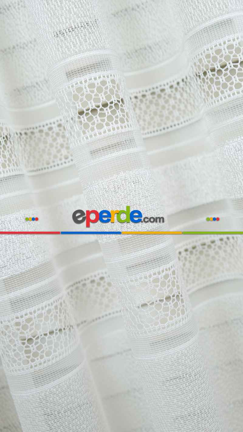 Ekru Enine Bantlı Çizgili Tül Perde, Ağır Gramajlı Premium Seri