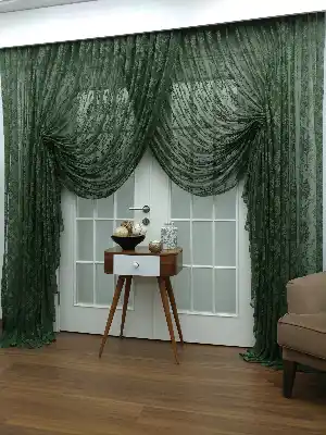 Koyu Yeşil - Damask Desenli Kruvaze Perde- Yeşil Koyu Yeşil