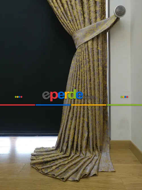 Hardal Antrasit Desenli Jakar Fon Perde - Altın