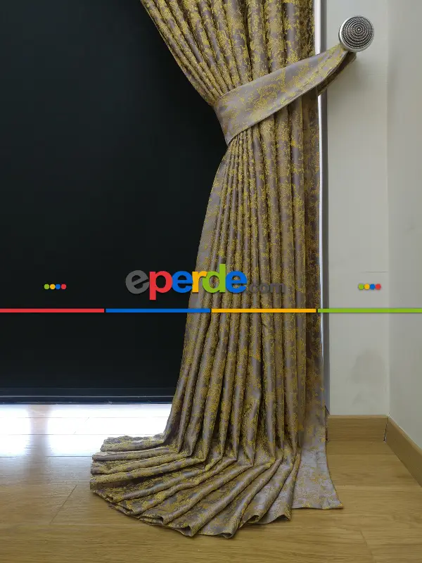 Hardal Antrasit Desenli Jakar Fon Perde - Altın