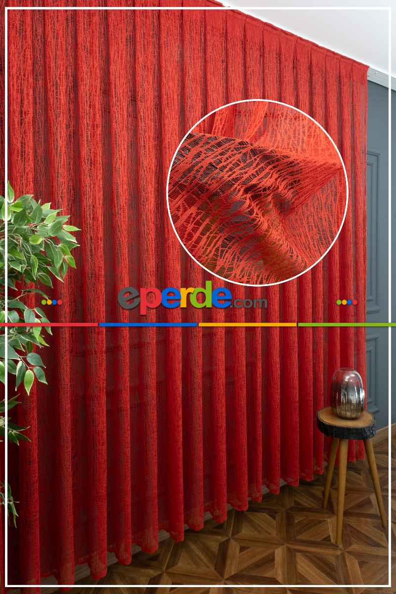 Kırmızı Tül Perde - Cam Kırığı Desen Tül Perde