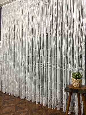 Mutfak - Zincir Çizgili Tül Perde Ekru Renk Kırık Beyaz- Ekru