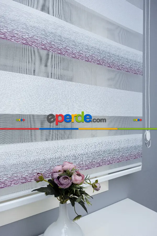 Genç Odası - Zebra Perde Jakarlı Ekru Mor Renk Geçişli 2021 Sezonu Malaga Serisi A Kalite Zebra Perde- Mor