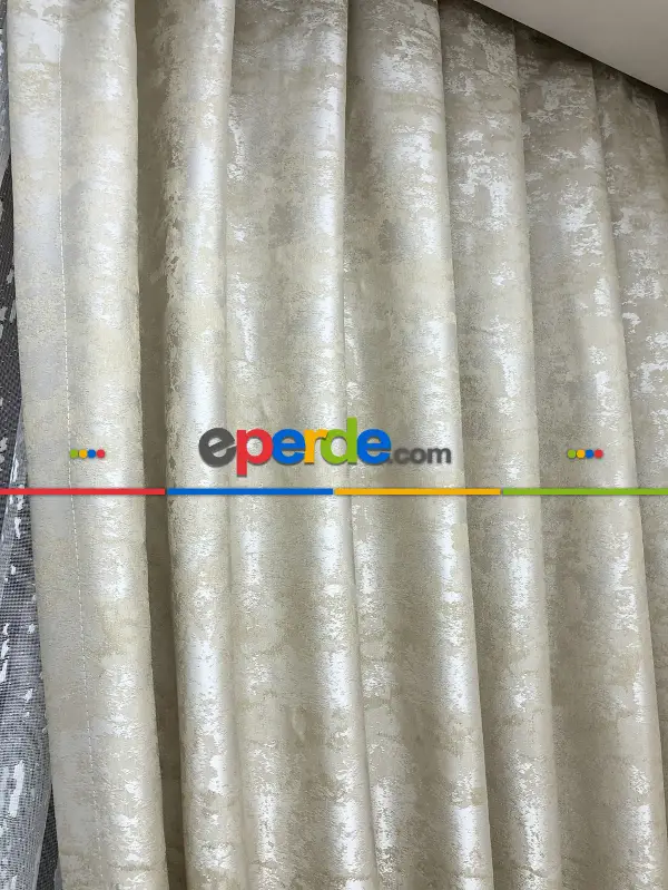 Patinedesenli Krem - Katyonik Jakar Fon Perde- Krem