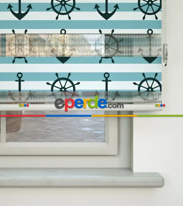 Çapa Baskılı Zebra Perde- Siyah-mavi-beyaz