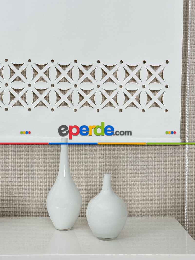 Ekru Lazer Kesimli Stor Perde ( Lazer Kesim Fiyata Dahildir) Metal Kasalı - Yüksek Kalite - Kornişe Kolay Montaj Seçenekli