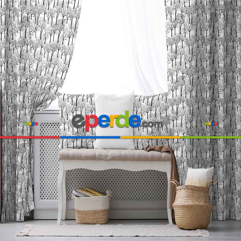 Ağaç Desenli Fon Perde Evim718 Kumaşı Kalındır Duck Bezi Değildir- Mavi-beyaz