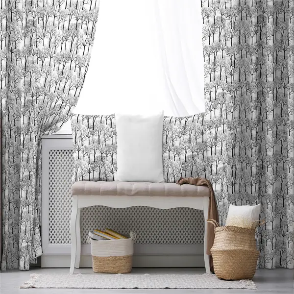 Ağaç Desenli Fon Perde Evim718 Kumaşı Kalındır Duck Bezi Değildir- Mavi-beyaz