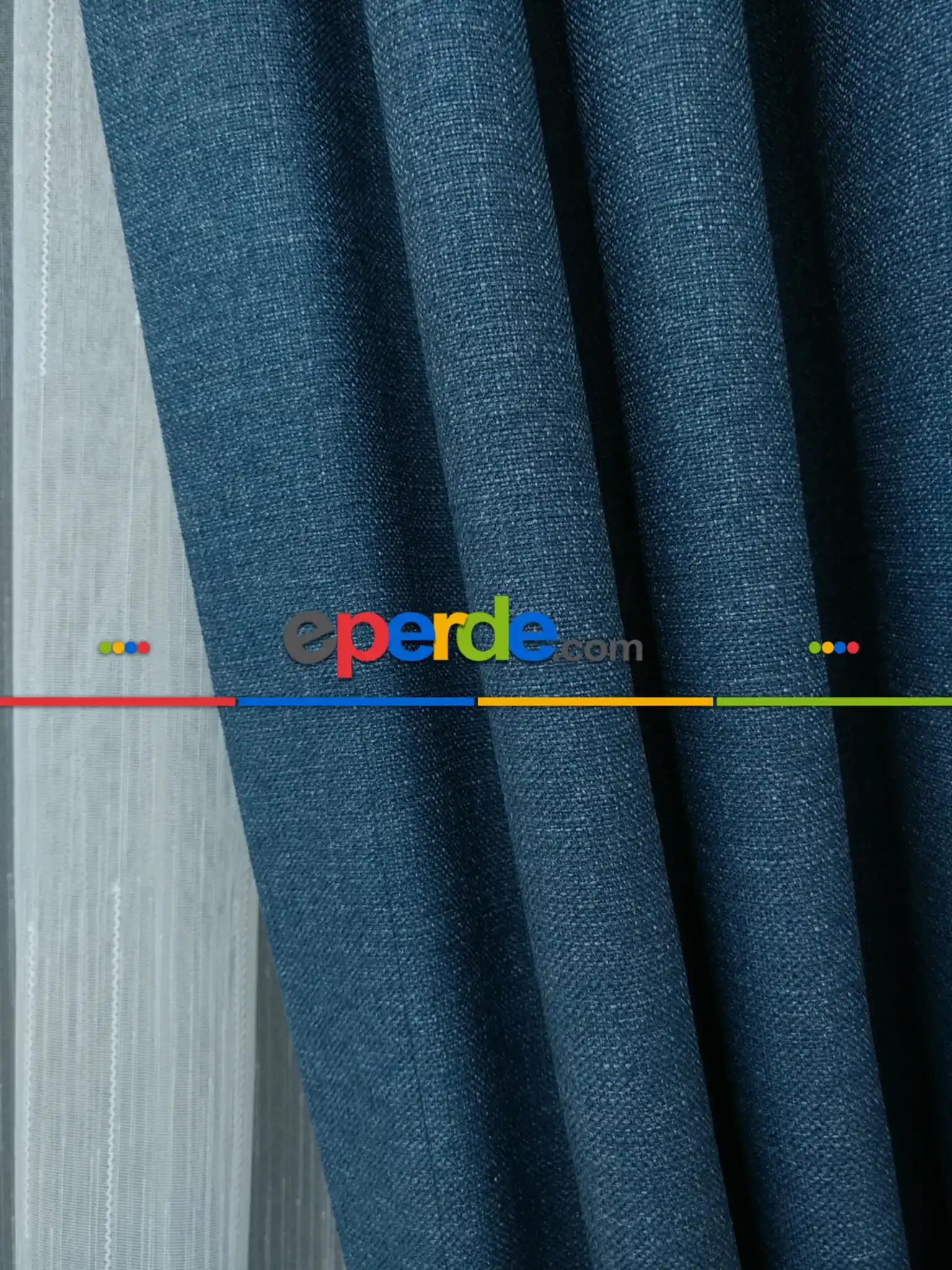 Salon Fon Perde - Keten Mavi Renk Düz Fon Perde - Mavi