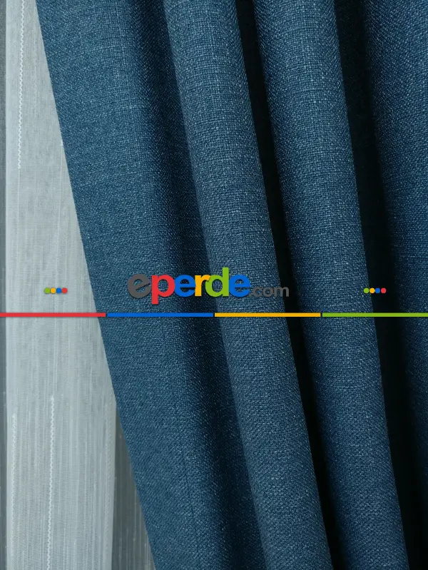 Salon Fon Perde - Keten Mavi Renk Düz Fon Perde - Mavi