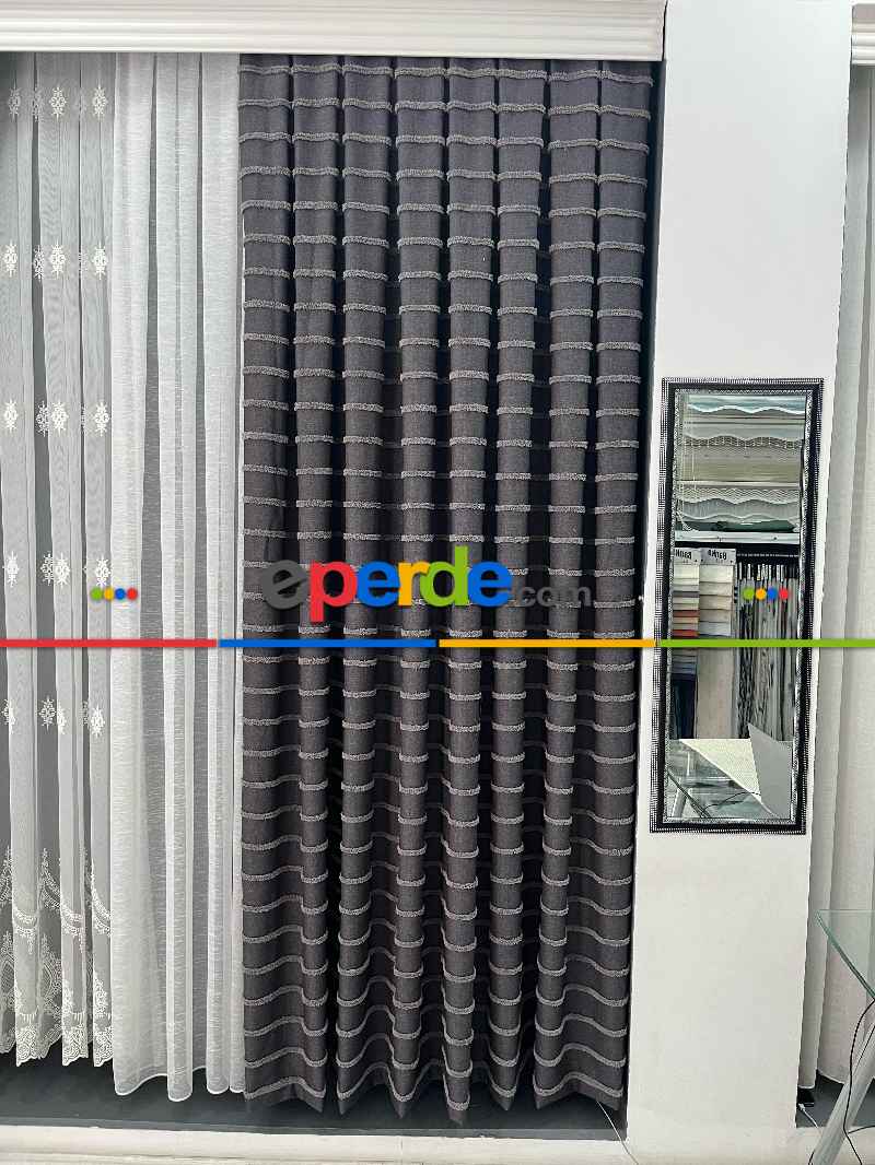 Oturma Odası - Padişah Desenli Keten Fon Perde - Koyu Bej