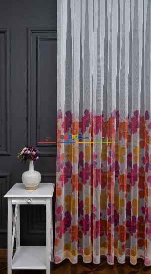 Hazır Ölçülü Petek Zemin Mor Ve Turuncu Renkli Çiçek Desenli Grek Baskılı Tül Perde