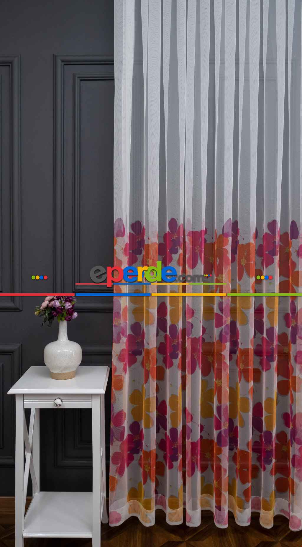 Hazır Ölçülü Petek Zemin Mor Ve Turuncu Renkli Çiçek Desenli Grek Baskılı Tül Perde