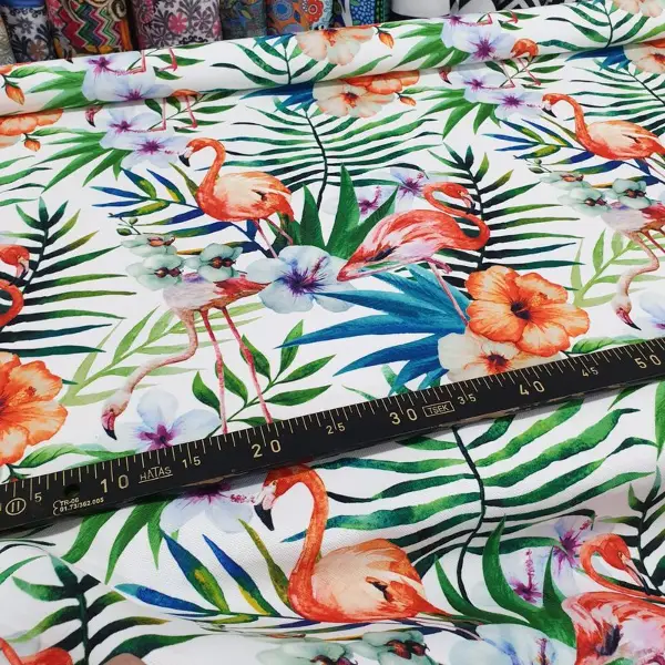 Kuğu Ve Tropikal Desenli Fon Perde Evm1065 Kumaşı Kalındır Duck Bezi Değildir- Yeşil-Mavi-Beyaz-Pembe