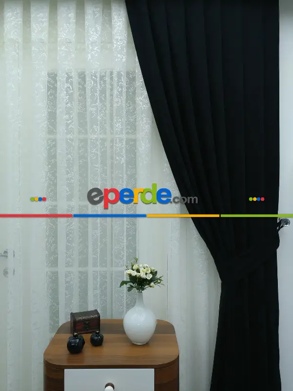 Siyah Düz Sade Mutfak Fon Perde Yan Kanat Perdesi- Siyah