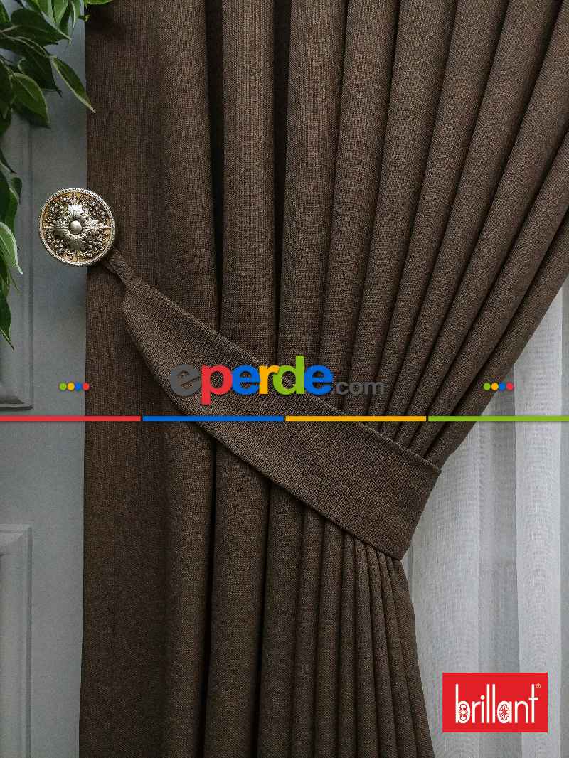 Brillant Keten Koyu Vizon Ceviz Renk Düz Fon Perde - Ceviz