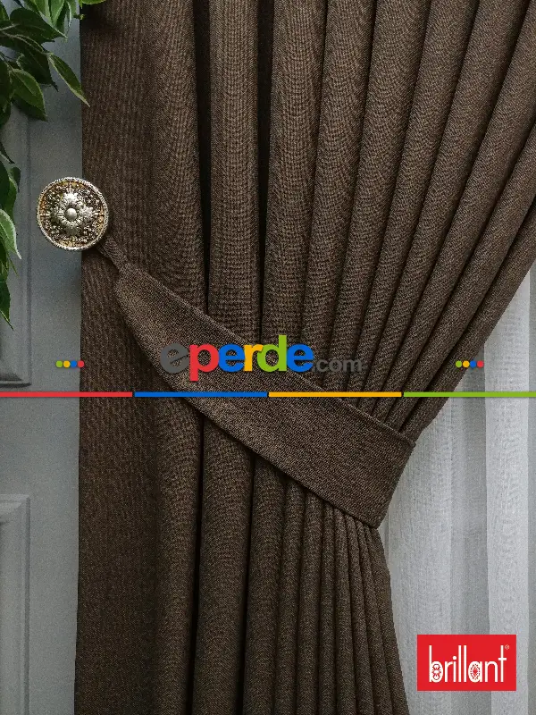 Yatak Odası - Brillant Keten Koyu Vizon Ceviz Renk Düz Fon Perde - Ceviz