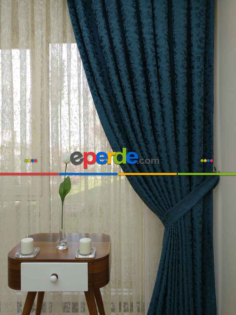 Petrol Duz Jakar Fon Perde (180)- Petrol Mavisi