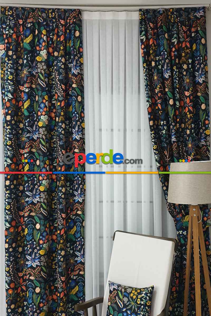 Mavi Çiçek Desenli Fon Perde Evm624 Kumaşı Kalındır Duck Bezi Değildir- Siyah-Mavi-Beyaz-Çok Renkli