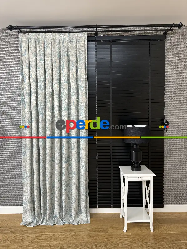 Yatak Odası - PatineDesenli Bej Turkuaz Desenli Jakar Fon Perde (180)- Turkuaz Yeşili Ara Renk