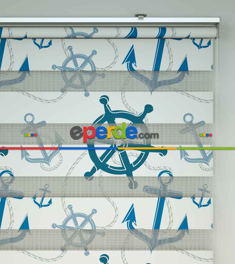 Bebek Odası Zebra Perde - Çapa Ve Dümen Baskılı Zebra Perde- Mavi-Beyaz