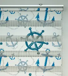 Bebek Odası Zebra Perde - Çapa Ve Dümen Baskılı Zebra Perde- Mavi-Beyaz