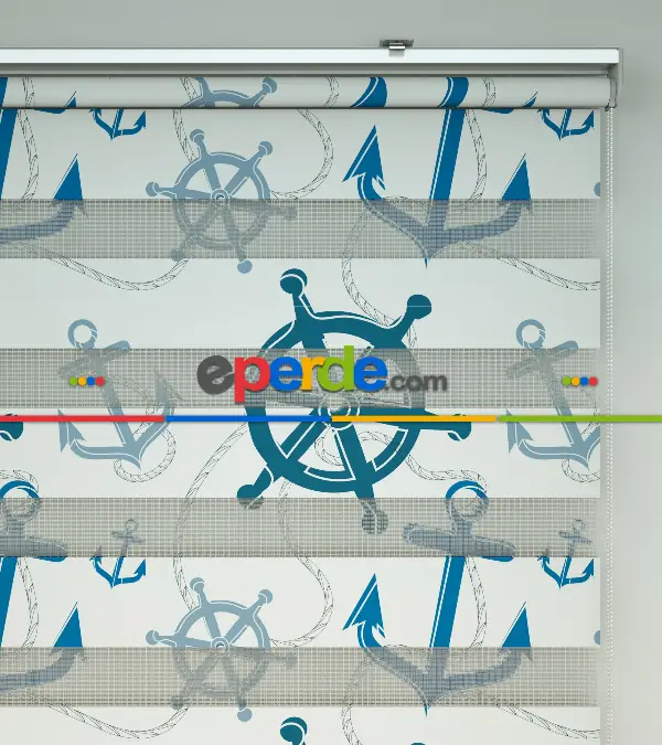 Bebek Odası Zebra Perde - Çapa Ve Dümen Baskılı Zebra Perde- Mavi-Beyaz