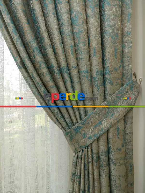 Salon Perdesi - Bej Turkuaz Desenli Jakar Fon Perde (180)- Turkuaz Yeşili Ara Renk