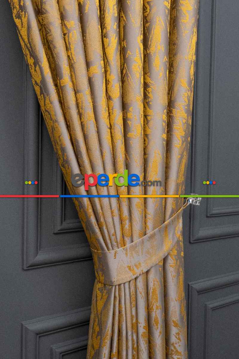 Yatak Odası Fon Jakar Dokuma Fon Perde Hardal Sarı