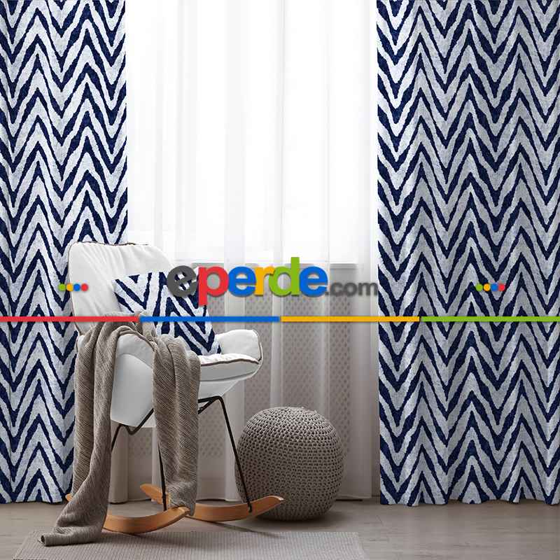 Etnik Fon Perde Evim1524 Kumaşı Kalındır Duck Bezi Değildir- Mavi-beyaz