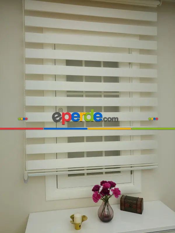 Krem - Ekru Renk Bambu Zebra Perde (kalın Zeminli)- Krem-krem Açık