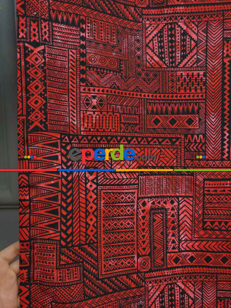 Kırmızı Geometrik Desenli Fon Perde Evm708 Kumaşı Kalındır Duck Bezi Değildir- Kırmızı Koyu