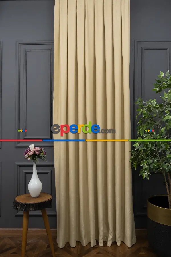 Salon - Soft Fon Perde Açık Bej Rengi Dökümlü En - Kum Beji