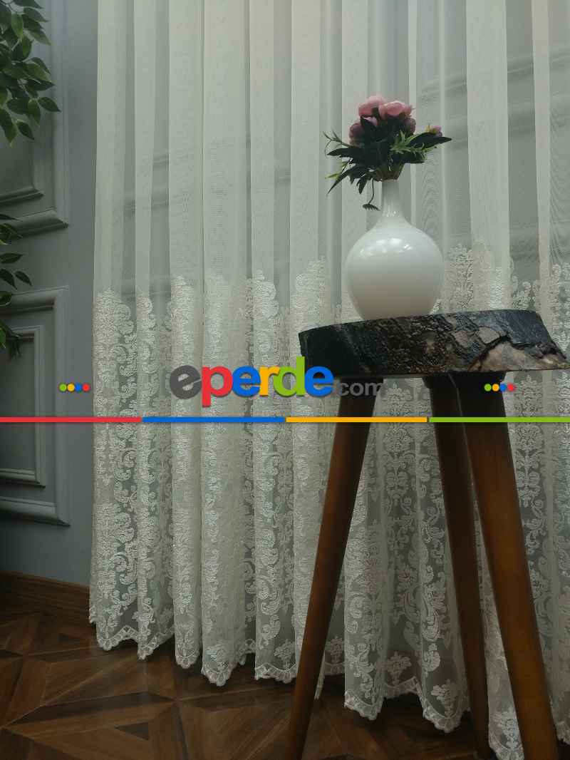 Salon Tül Perde - Eteği Duble Nakış İşlemeli Tül Perde Ikon 2021- Krem