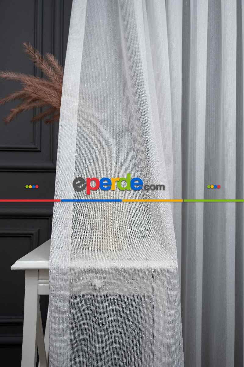 Gümüş Simli İnce Çizgili Gramajlı Dökümlü Kaliteli Tül Ekru