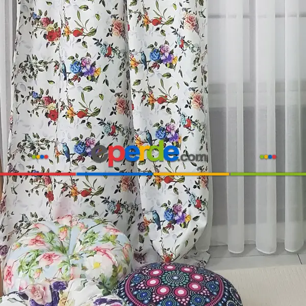 Yatak Odası - Çiçek Desenli Fon Perde Evm1059 Kumaşı Kalındır Duck Bezi Değildir- Yeşil-Kırmızı-Pembe Koyu