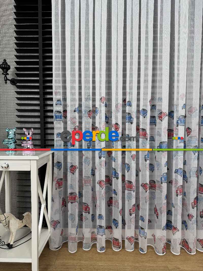 Çok Renkli Araba Desen Baskılı Tül Perde, Çocuk-bebek Odası, Premium Seri